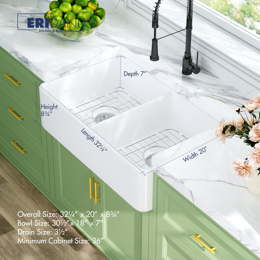 Farmhouse Sink 33x20 White Fireclay Deep Double Bowl Kitchen Sink | Smooth Glazed Surface, Easy to Clean, Apron Front