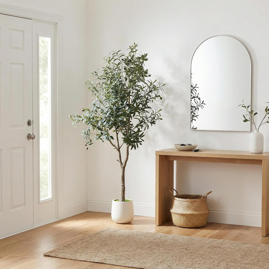 6ft Artificial Olive Tree Indoor with Modern Weighted Planter, Realistic Faux Olive Tree with Wood Trunks, Lifelike