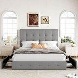 Upholstered Queen Platform Bed Frame with 4 Storage Drawers and Headboard, Square Stitched Button Tufted