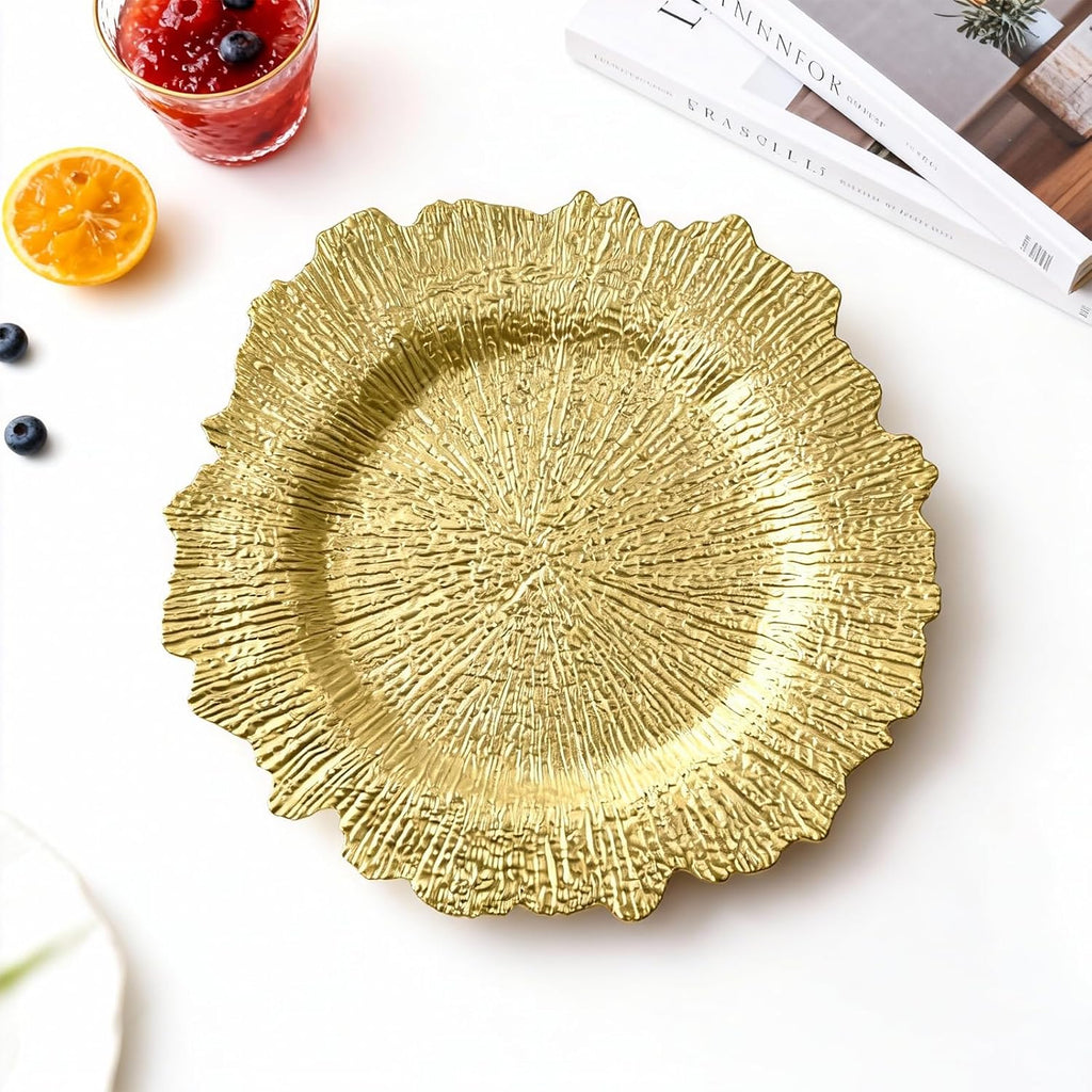 120-Pack 13" Gold Beaded Charger Plates - Disposable/Reusable Plastic Round Dinner Chargers, Prevents Food Overflow - Set of 120