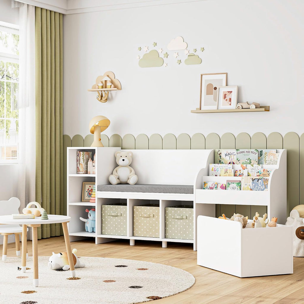 67"W Kids Reading Nook with Bookshelf, Toy Storage Organizer, White | Cushioned Bench & Large Movable Toy Storage Box