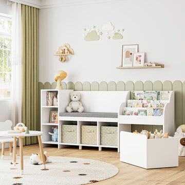 67"W Kids Reading Nook with Bookshelf, Toy Storage Organizer, White | Cushioned Bench & Large Movable Toy Storage Box