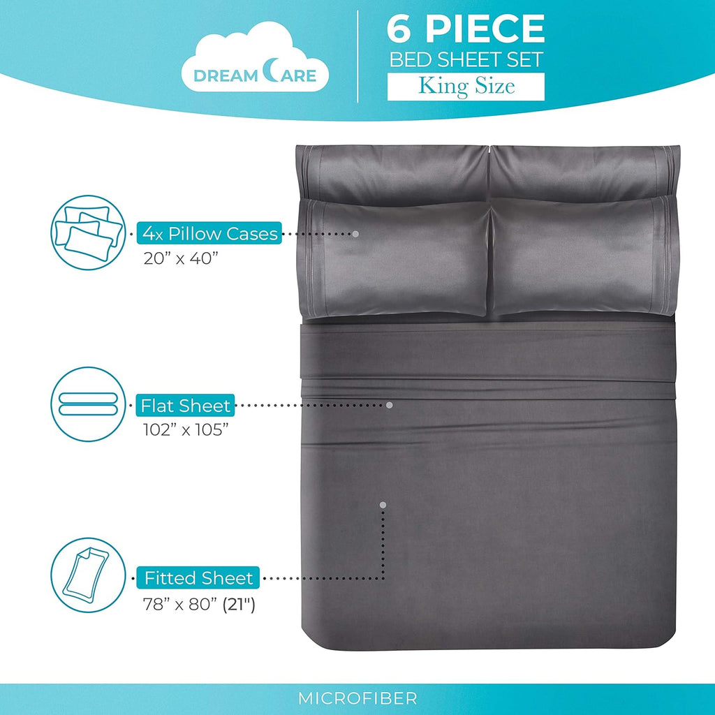 King Sheets Set - 6 pcs Breathable Cooling Bed Sheets - up to 21" Extra Deep Pocket King Sheet Set with Side Pockets