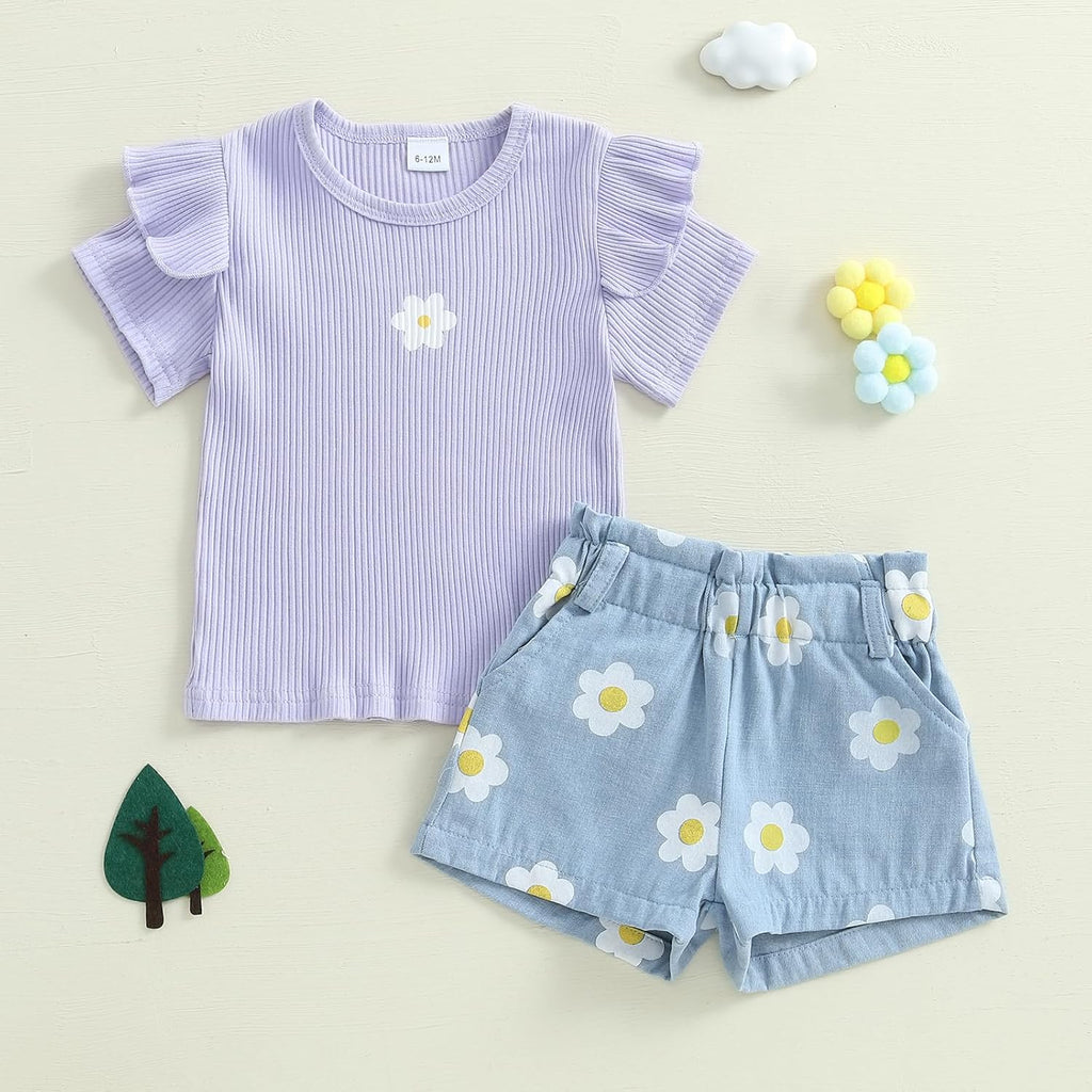 Toddler Baby Girl 2Pcs Knit Ribbed Ruffle Short Sleeve Floral Print Tops + Shorts Set Outfits