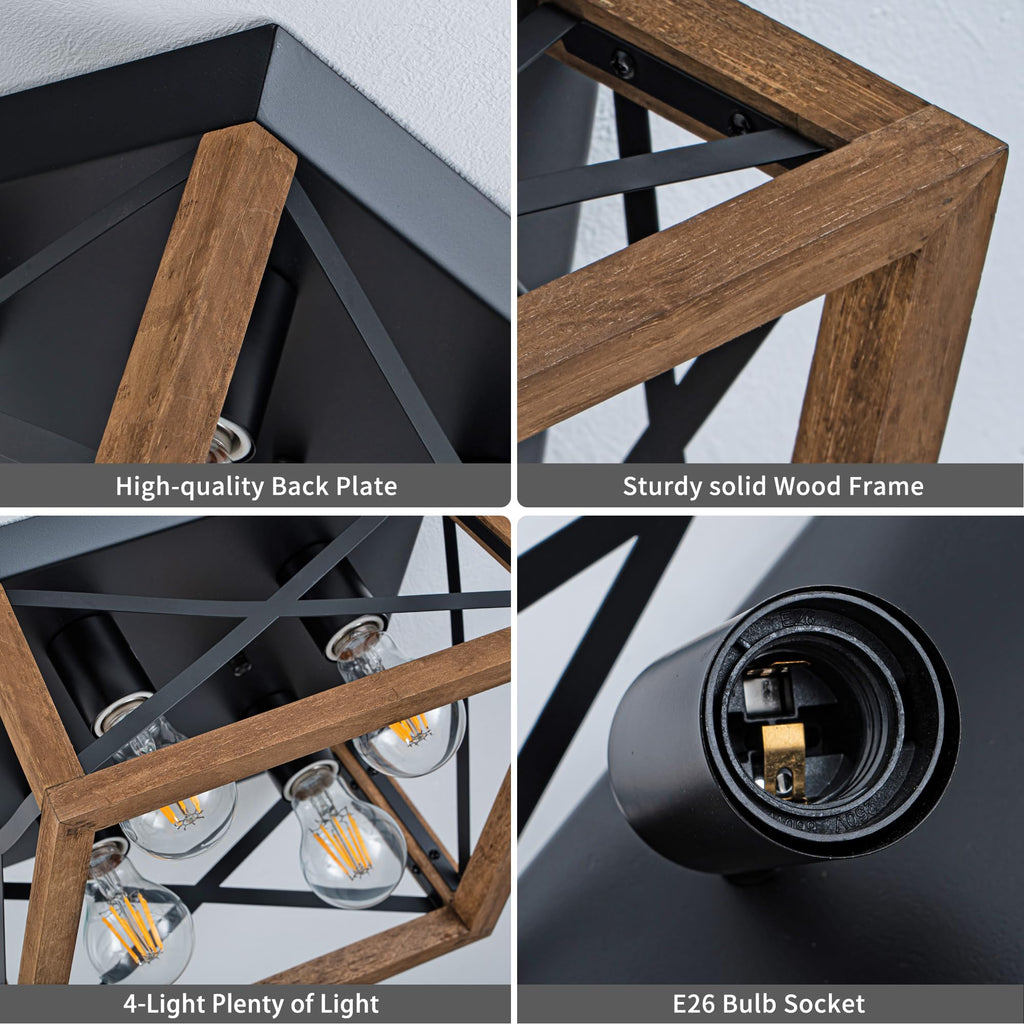 4-Light Famrhouse Light Fixture, Rustic Ceiling Light with Wood and Metal Frame, Farmhouse Flush Mount Ceiling Light