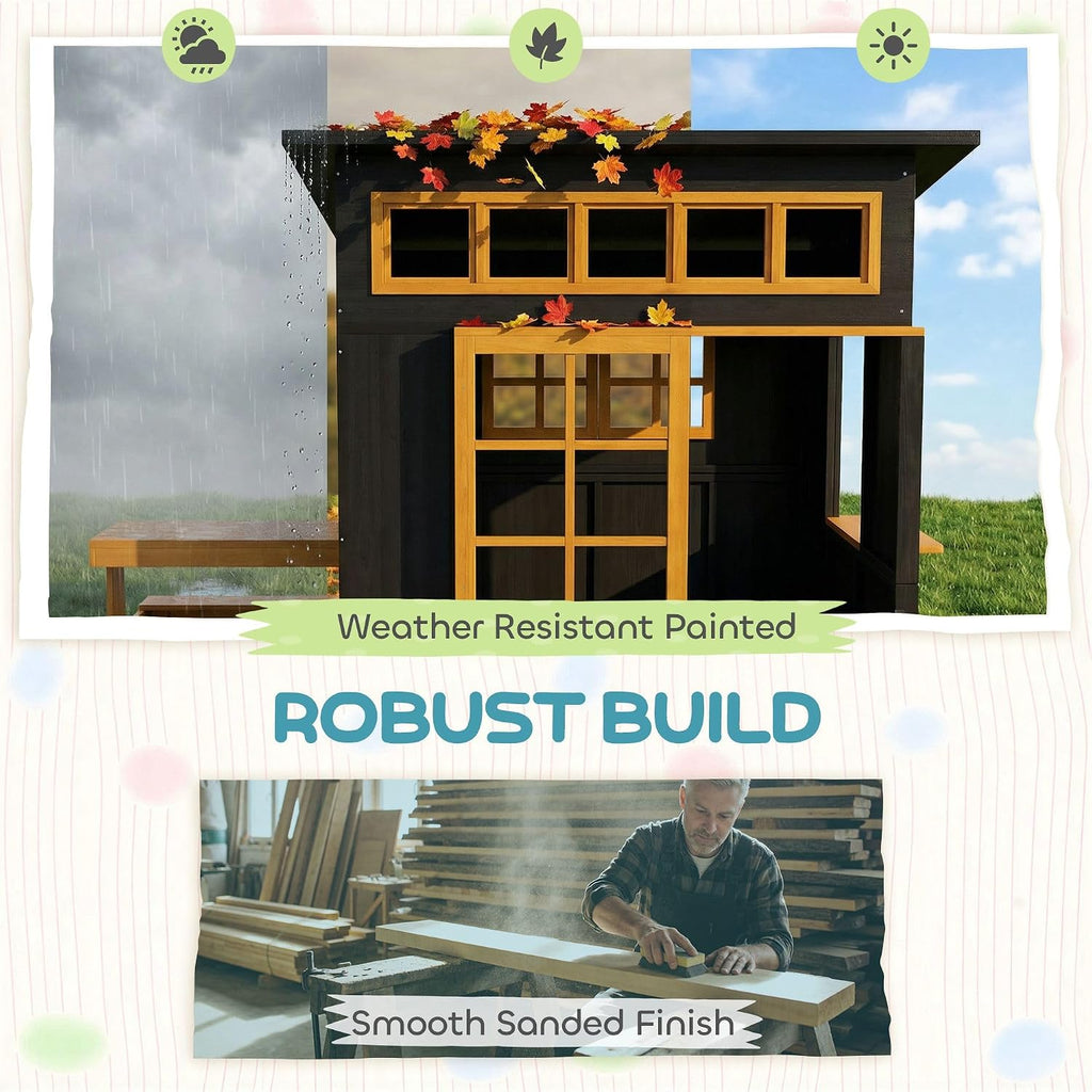 Fir Wood Outdoor Playhouse for 3-8: Chalkboard Walls, Built-in Picnic Table & Benches, 110lb Capacity