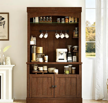 72" Farmhouse Coffee Hutch Cabinet, Large LED Buffet Sideboard with Wine Rack & Glass Shelf, Tall Kitchen Storage