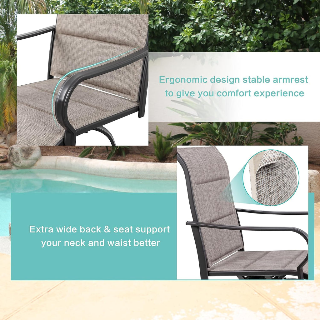 3 Piece Patio Swivel Bar Set, All Weather Mental Textilene High Swivel Bar Stools Chair Set of 2 and Glass Bar Table