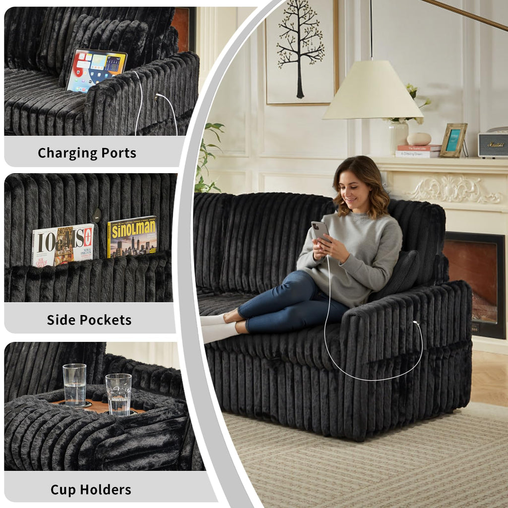 81" Sectional Sleeper Sofa Bed with Storage Chaise & USB Charging, Plush Corduroy L-Shaped Pull Out Couch Bed