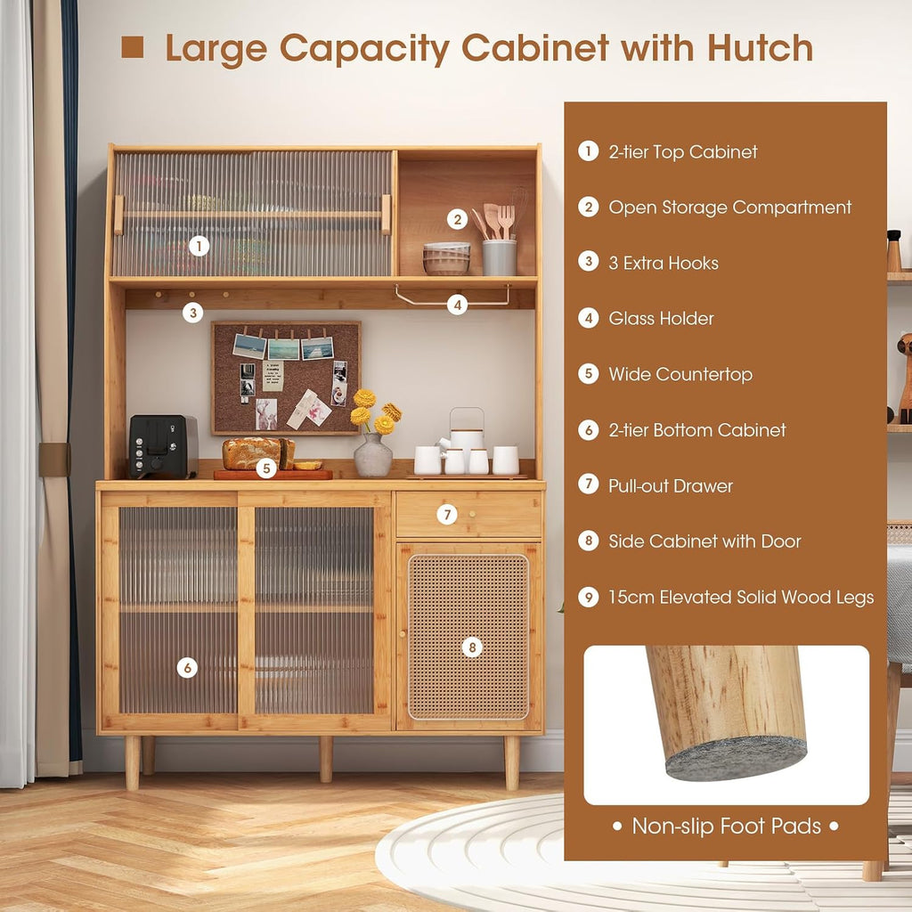 69" Kitchen Pantry Cabinet, Bamboo Hutch Storage Cabinet w/Storage | Freestanding Buffet Sideboard Cabinet with