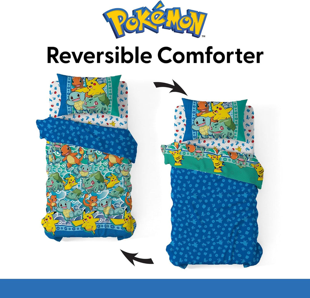 Twin Bed in a Bag Set, Pikachu Charmander Squirtle Bulbasaur, Kids Boys Girls Bedding Comforter Sheets