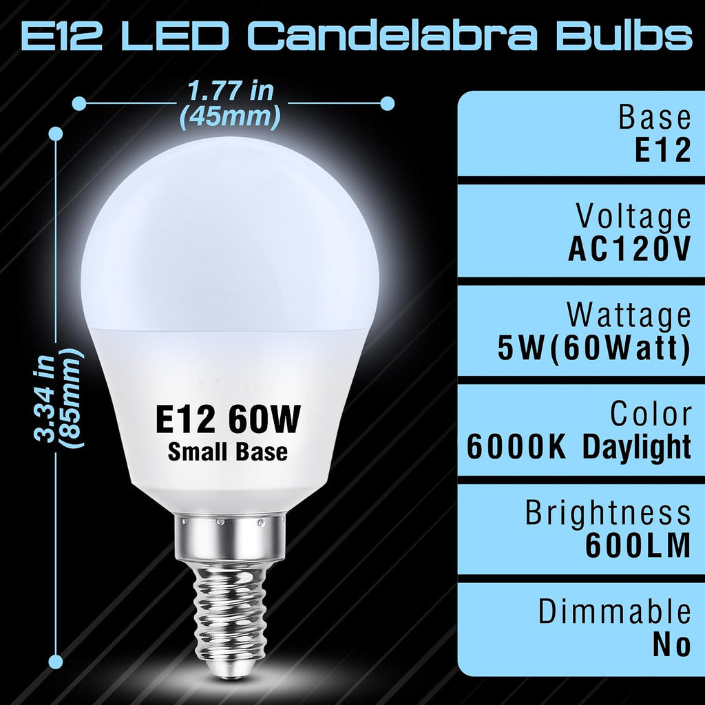 E12 LED Candelabra Light Bulbs 60 Watt Equivalent Daylight White 6000K,4Pcs