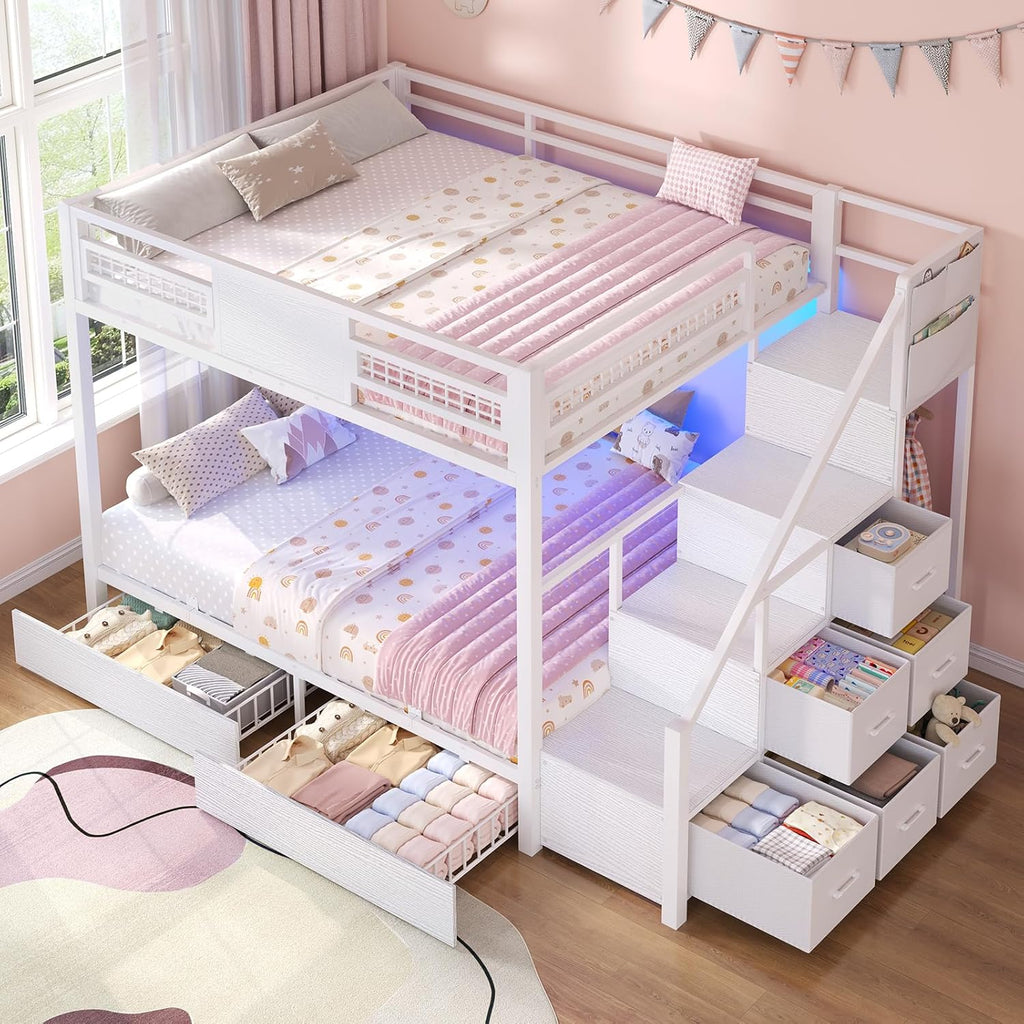 Bunk Bed Full Over Full with Stairs, LED Lights Full Bunk Bed with 2 Storage Drawers & 6 Fabric Drawers