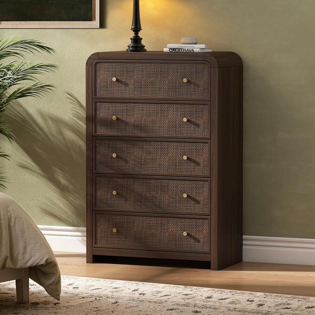 5 Drawer Tall Dresser , 47'' Rattan Dresser with Ample Storage, Boho Chest of Drawers, Thickened Curved Profile