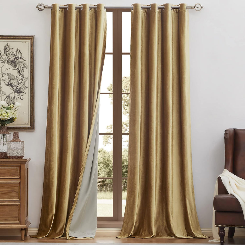 100% Blackout Velvet Window Curtains Gold 84 inch Long, Room Darkening Curtains Heavy Thermal Insulated Grommet