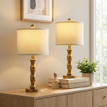 20.5" Vintage Nightstand Lamps Set of 2, Farmhouse Table Lamps with Antique Gold Resin Base & Linen Shade, Small