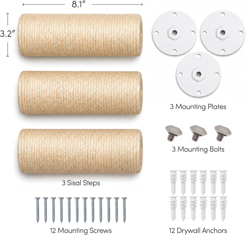 Wall-Mounted Cat Climbing Steps, Floating Sisal Scratching Posts, 8 Inch, 3 Pack, Easy Drywall Install