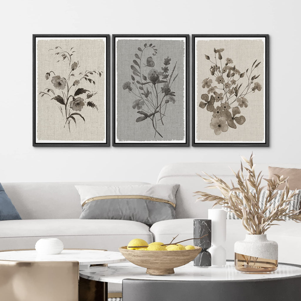 Framed Canvas Print Wall Art Floral Botanical Retro Wildflower Bouquet Vintage Classic Illustrations Fine Art