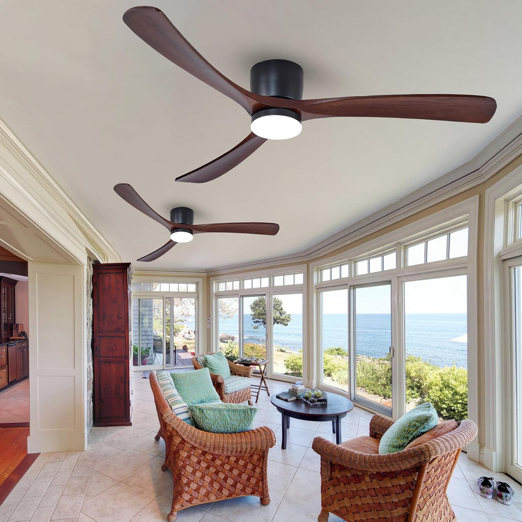 Modern 60 Inch Low Profile Flush Mount Ceiling Fan with LED Lights and Remote Control - 3 Wood Blades, Reversible DC Motor, 6 Speeds - Walnut and Matte Black