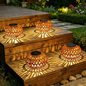 Solar Lights Outdoor Waterproof, 4 Pack Rattan Solar Lantern, Outdoor Solar Lights for Yard, Solar Table Lanterns