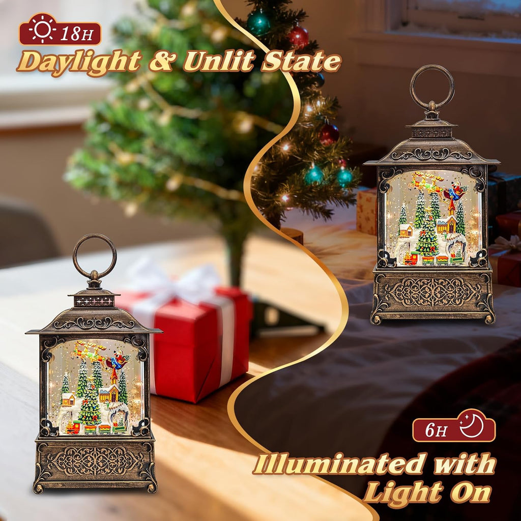 Vintage Christmas Lantern Snow Globe with Santa Sleigh Village Scene, Lighted Musical Holiday Decor with Swirling