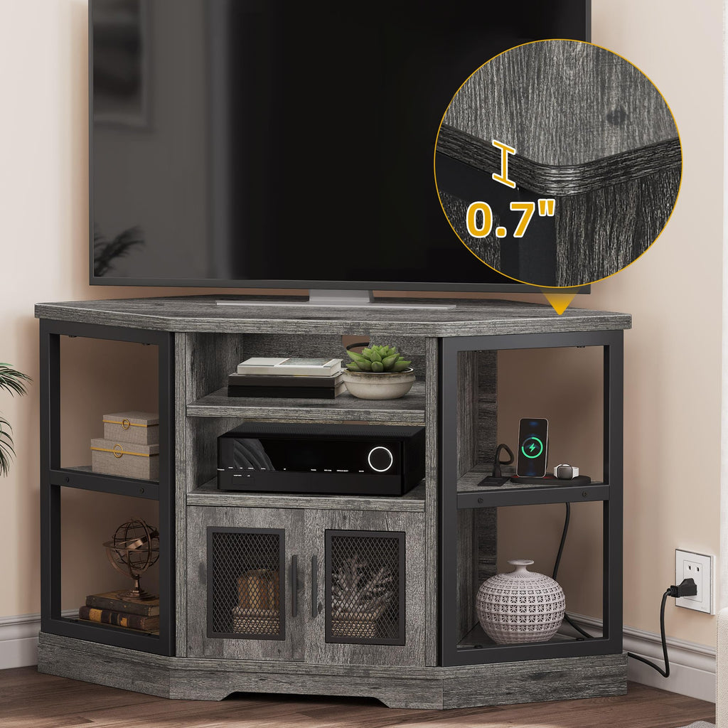 Grey Oak Corner TV Console, Mesh Cabinet, 2 AC + 2 USB