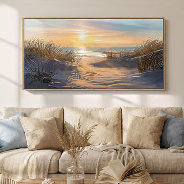 Large Framed Coastal Beach Sunset Canvas Wall Art, 60x30 In