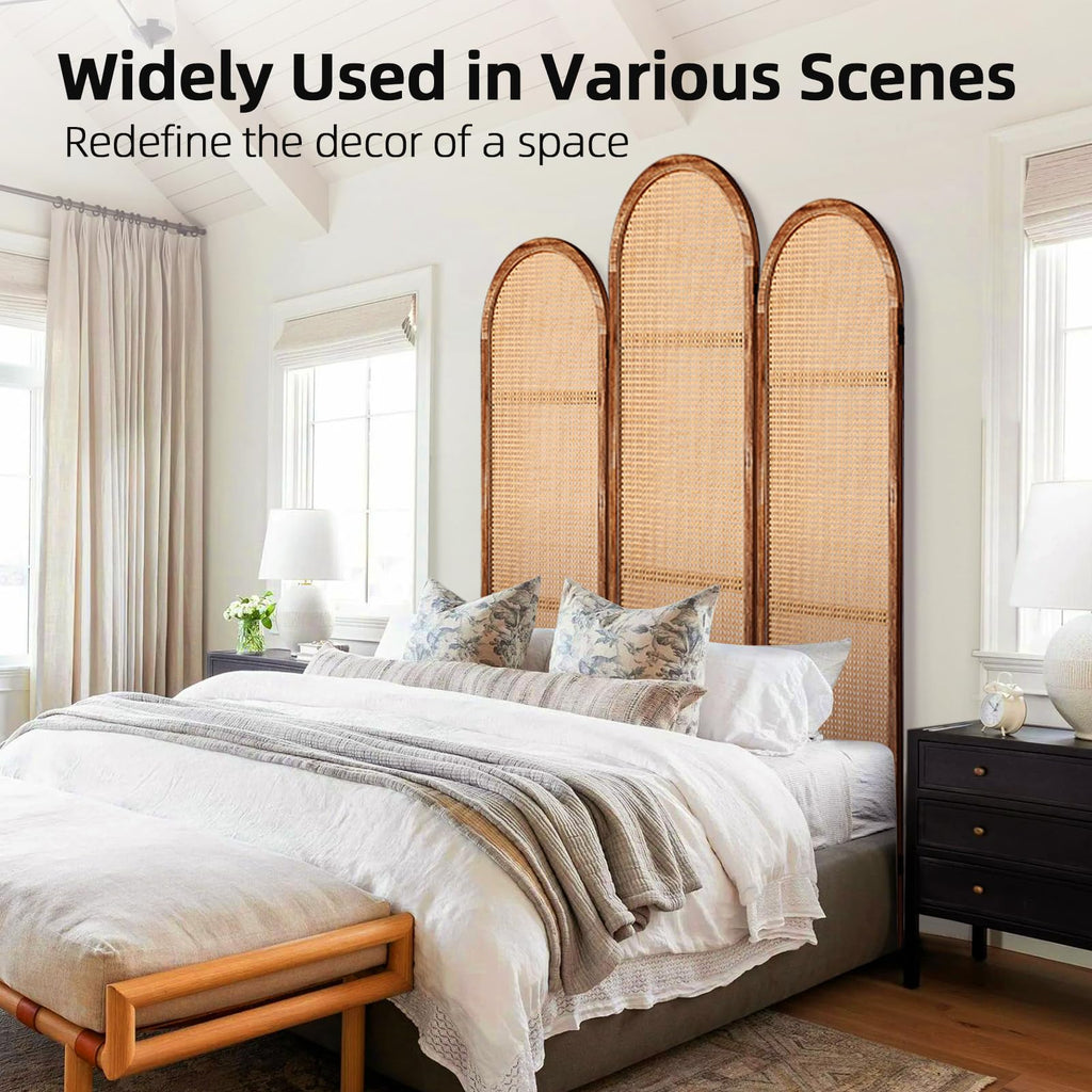 3 Panel Rattan Room Divider Screen, Boho Folding Privacy Screen