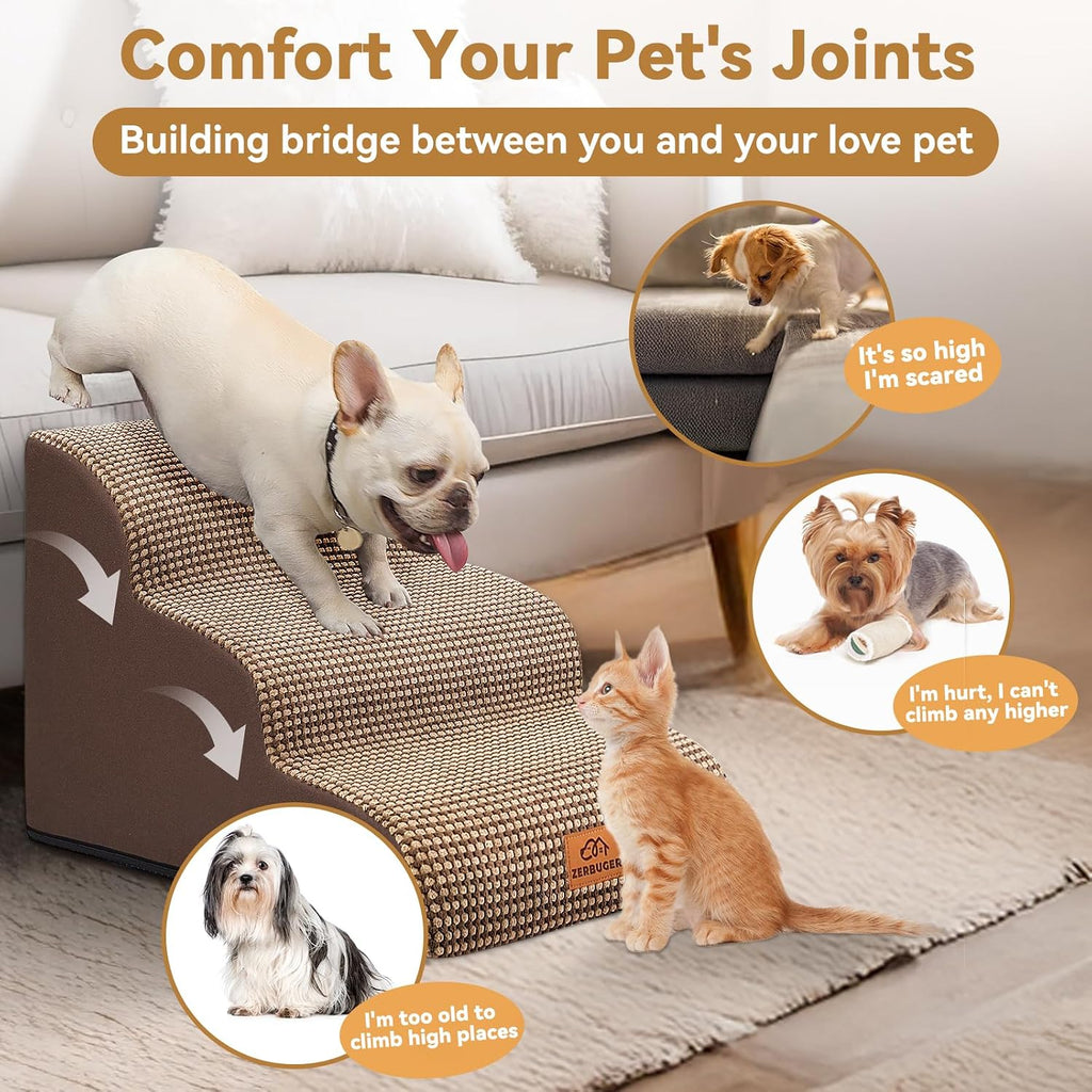 Dog Ramp and Stairs for Bed, Coffee 3 Steps 16" H, Nonslip Cover