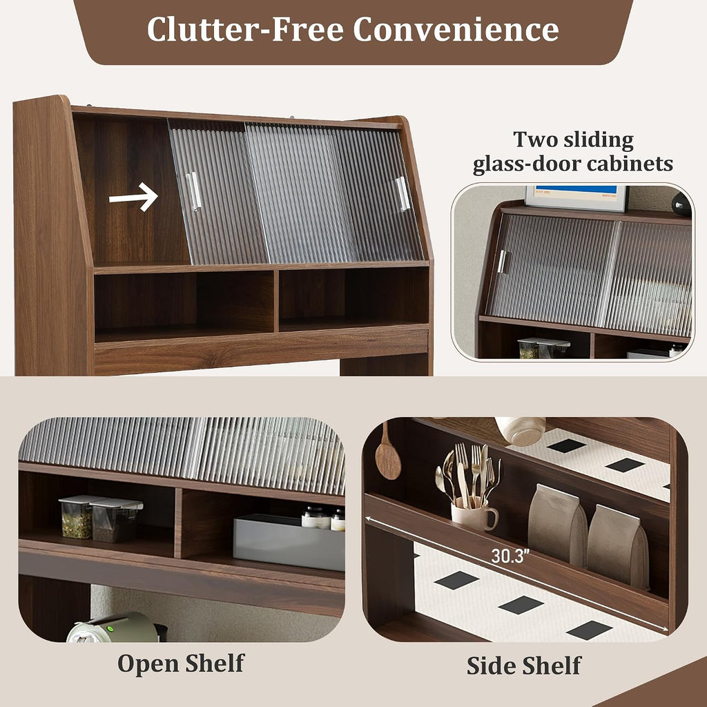 69 Inch Buffet with Hutch and Foldable Dining Table, Walnut | Walnut finish, MDF, dining room or apartment, foldable