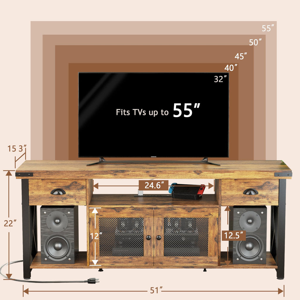 TV Stand for TV up to 55 Inches, Farmhouse Entertainment Center with 2 Drawers & Storage Cabinets, Industrial Media
