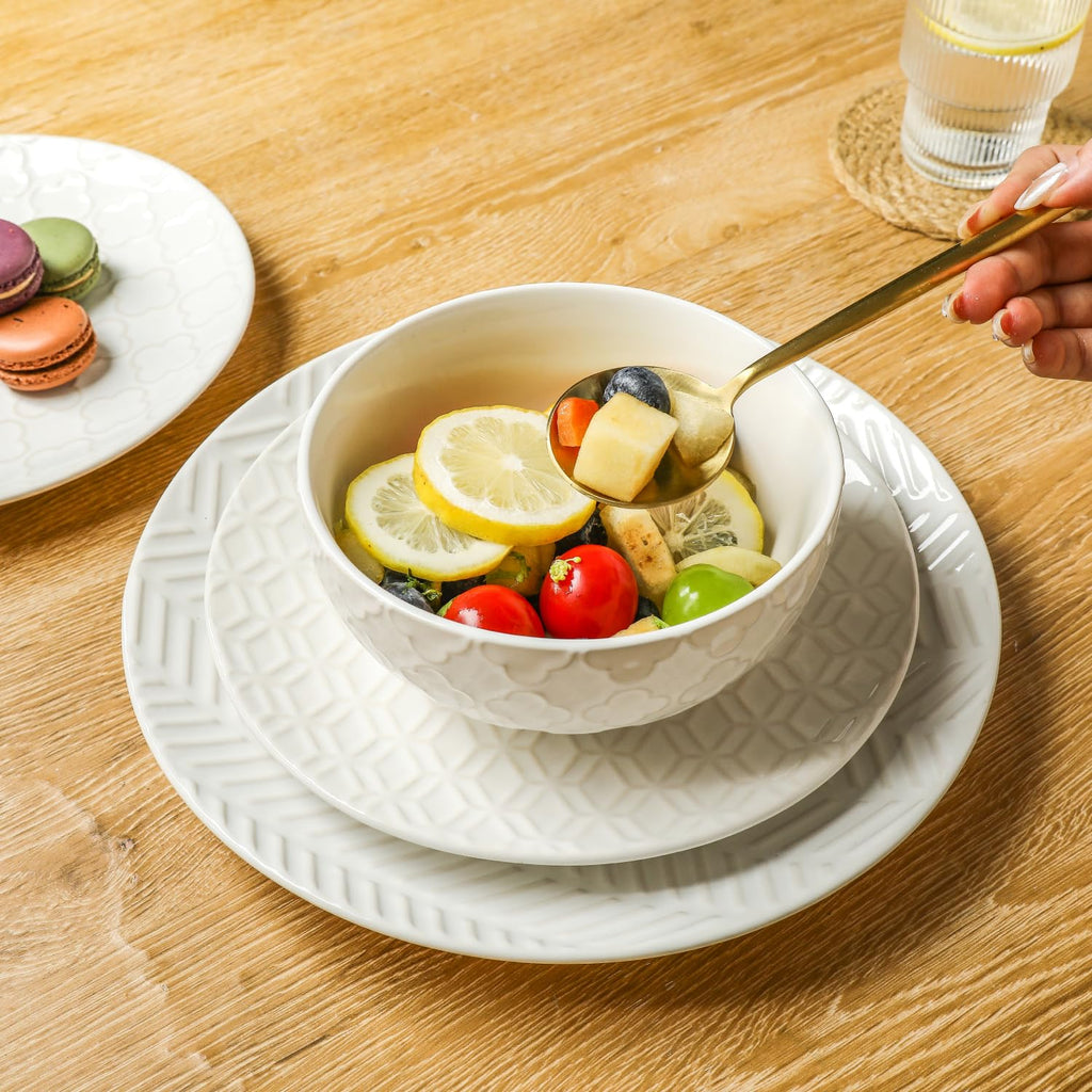 Ceramic Dinnerware Sets for 6, 18 Pieces Stoneware Plates and Bowls Sets, Embossed Scratch Resistant Dinner Set