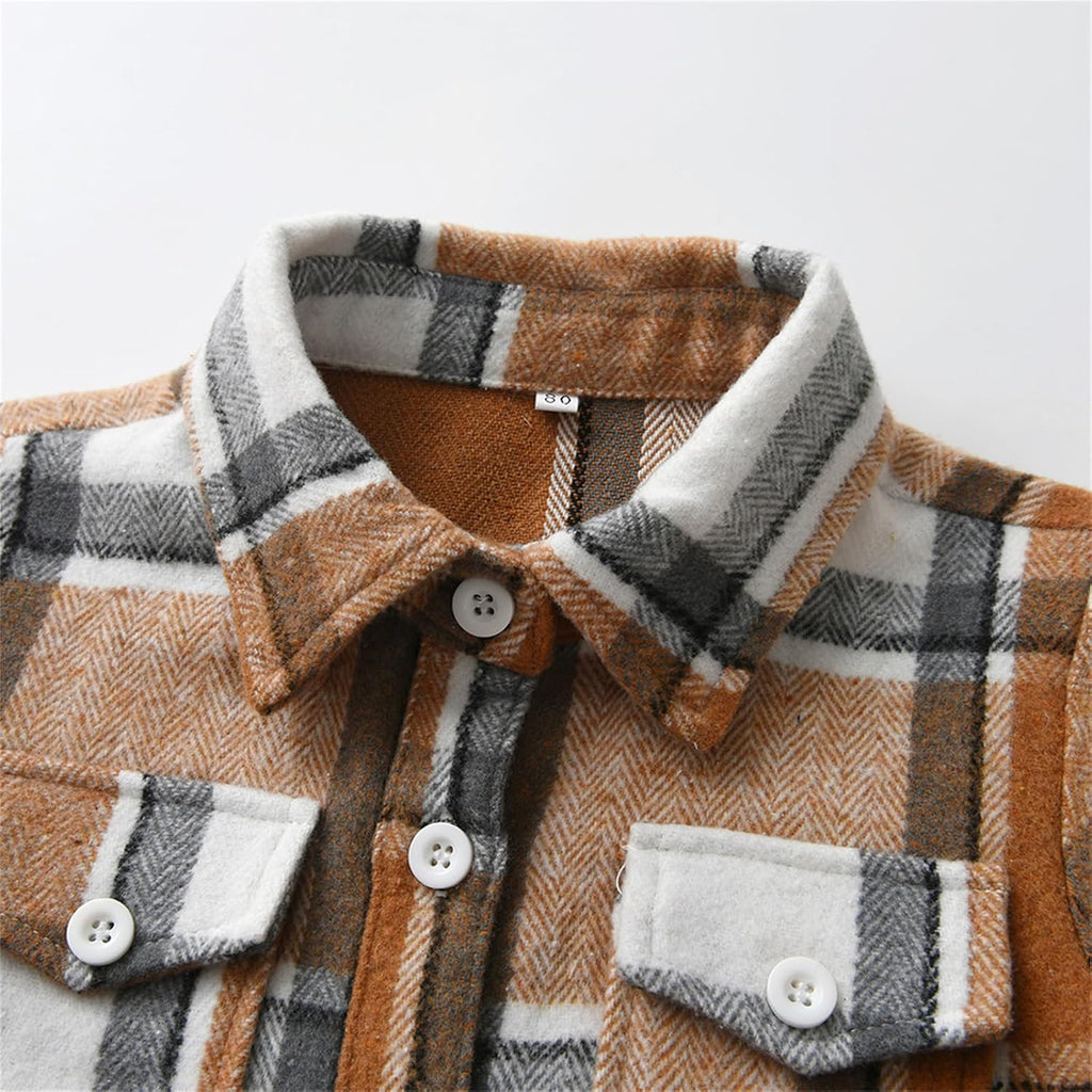 Toddler Boy Flannel Plaid Shirt Kids Long Sleeve Button Down Jacket Lapel Pocket Top Regular Fit Casual Fall Clothes