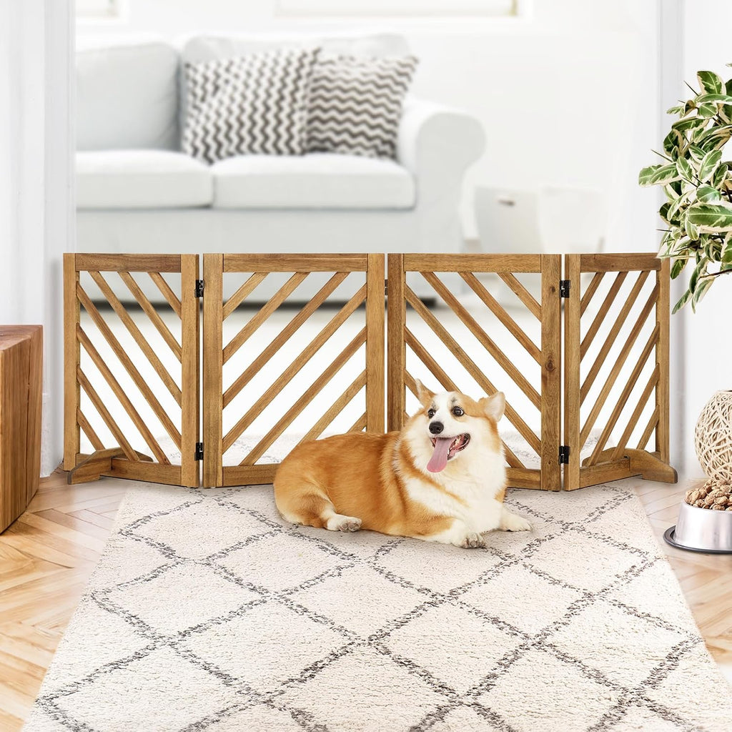Solid Acacia Wood Dog Gate, Expanded Wide 81 Inches, Freestanding Dog Gate Indoor, Foldable 4 Panels with 2 Support