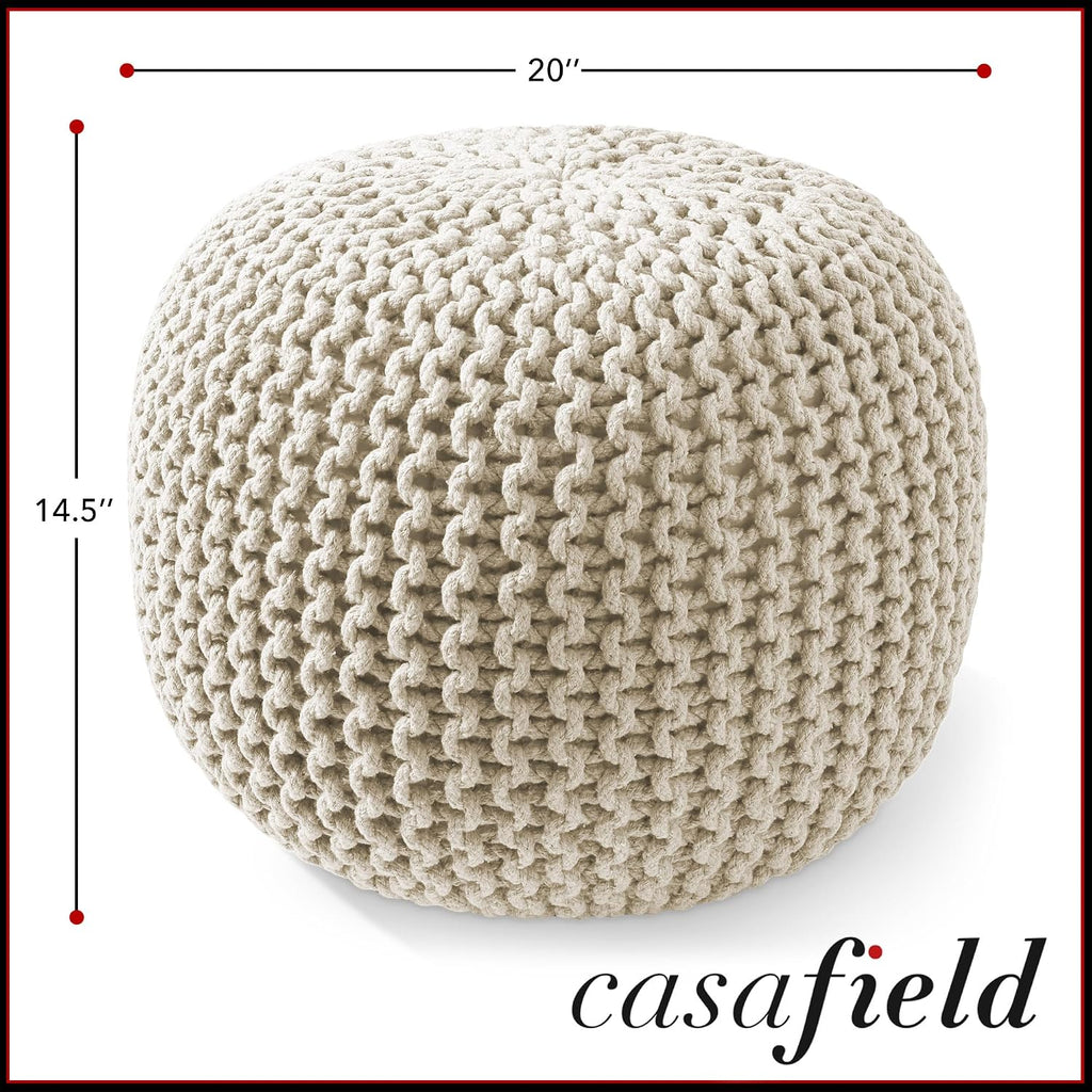Round Pouf Ottoman, Natural - 20" Diameter x 14.5" High Cotton Knit Foot Stool - Boho Floor Pouffe