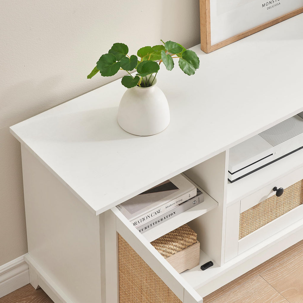 Rattan TV Stand for 65 Inch TVs, White Desktop