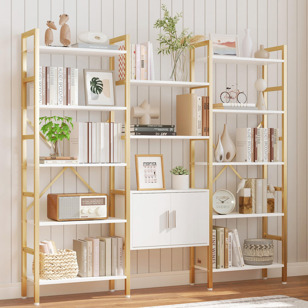 Bookshelf Triple Wide 5 Tier Bookcases with Storage Cabinet, Industrial Large Modern Tall Bookshelves with 12 Open