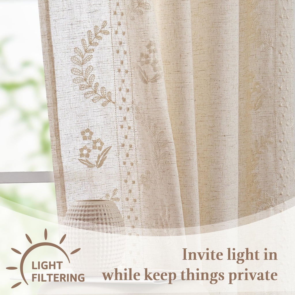 Belrose Linen Floral Cafe Curtains 45 Inch Length Embroidered Farmhouse Curtains for Kitchen Bedroom Bathroom Small