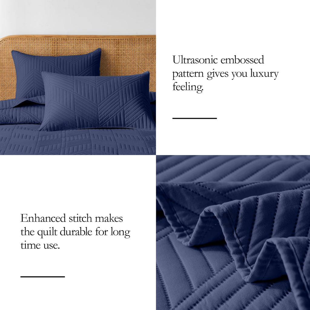 Quilt Bedding Set, Navy Blue Ultrasonic Quilt Set Reversible Microfiber Bedspread, Lightweight Soft