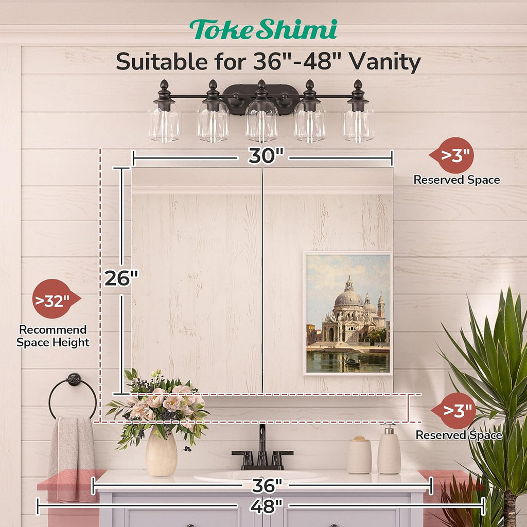 30 x 26 Surface Mount Medicine Cabinet Mirror Black, Aluminum Recessed Medicine Cabinet Mirror with Storage with