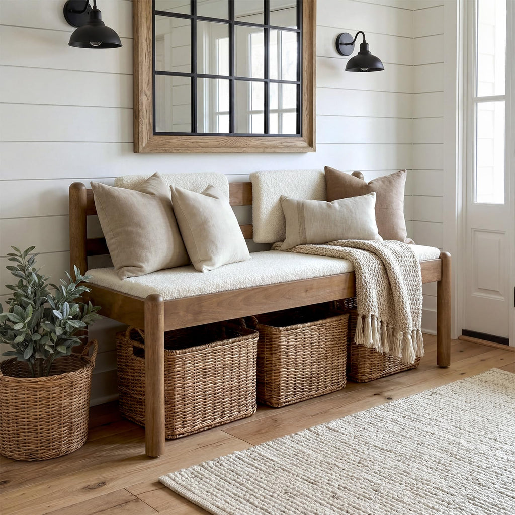 Solid Wood Entryway Bench, 49" Dining Bench with Back, Wood Settee Bench with Upholstered Seat, Farmhouse Bedroom