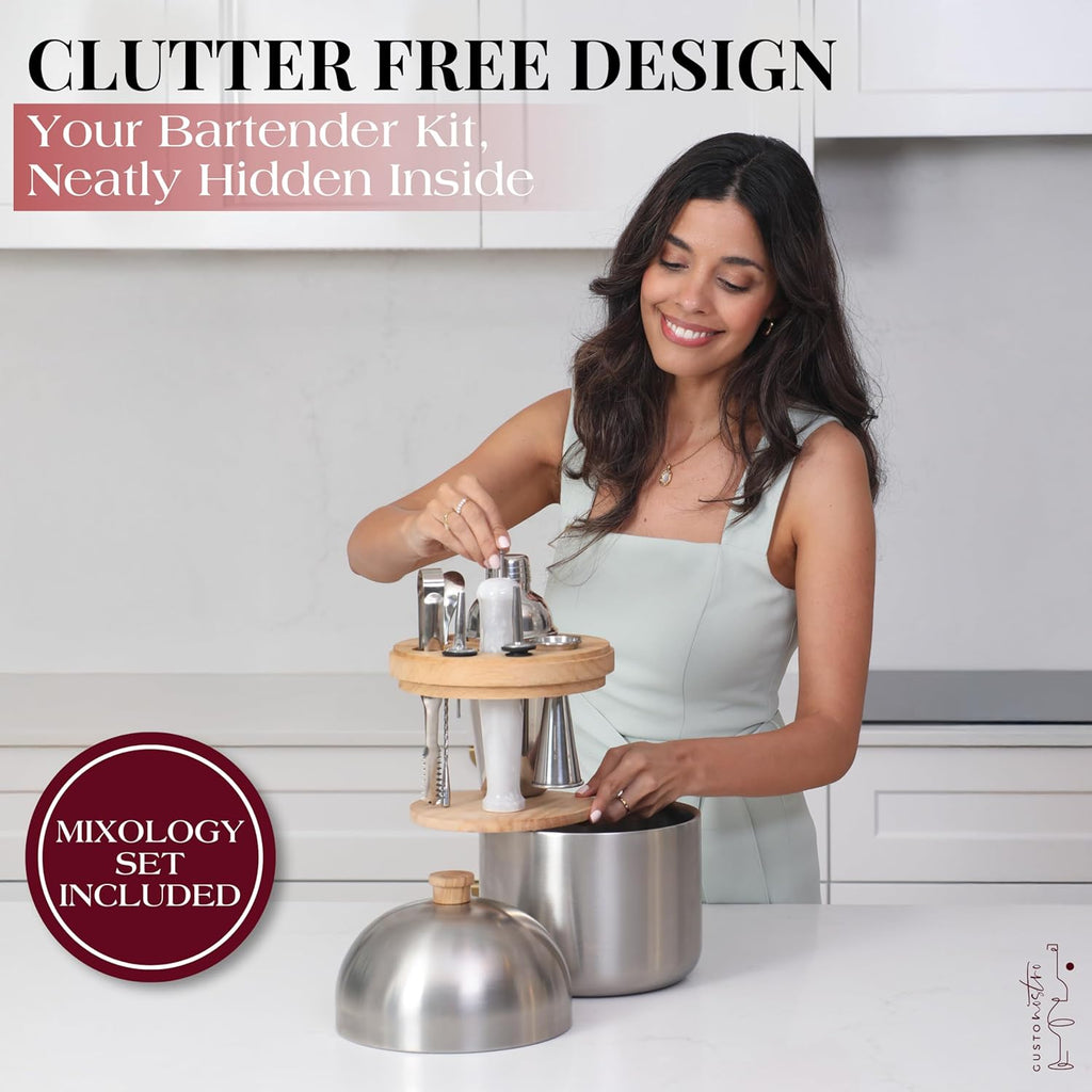 Cocktail Set Bartender Kit with Stainless Steel Ice Bucket - Complete Mixology Bar Tool Set with Wooden Organizer