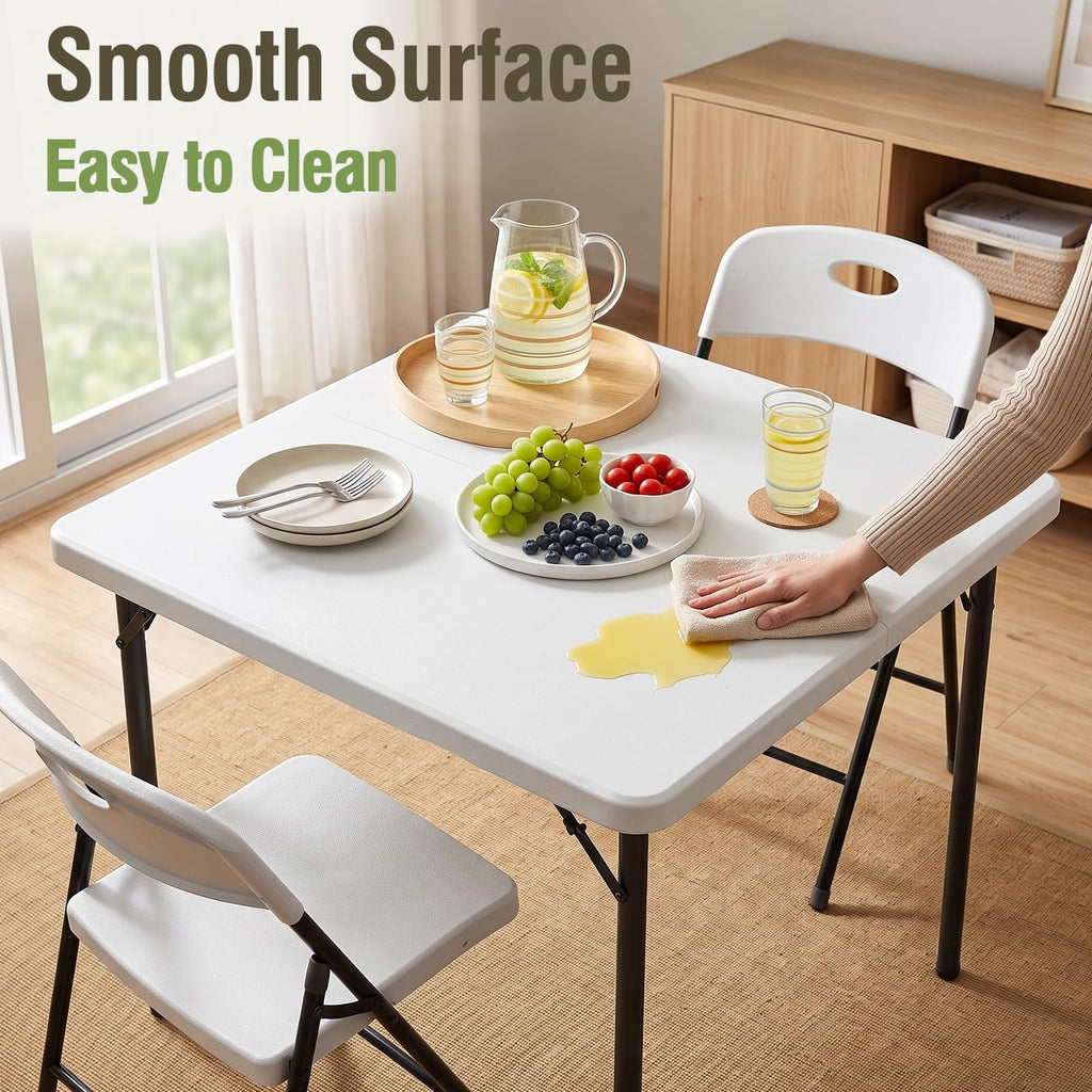 Table and Chairs Set for 5, 36 Inch Foldable Plastic Table with Carry Handle & 4 White Folding Chairs, Portable