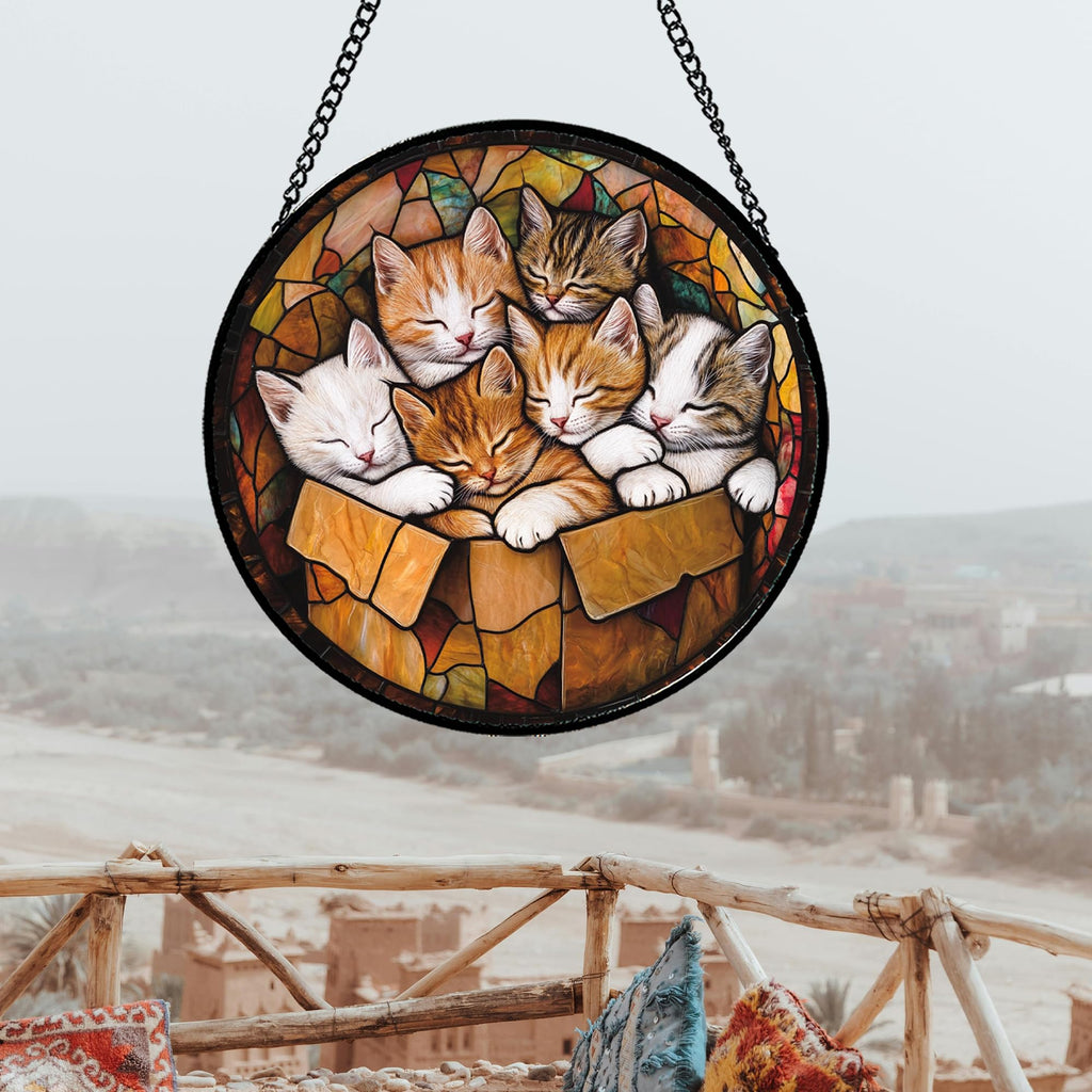 Sleeping Kittens Stained Glass Window Hanging Suncatcher Gifts 15"