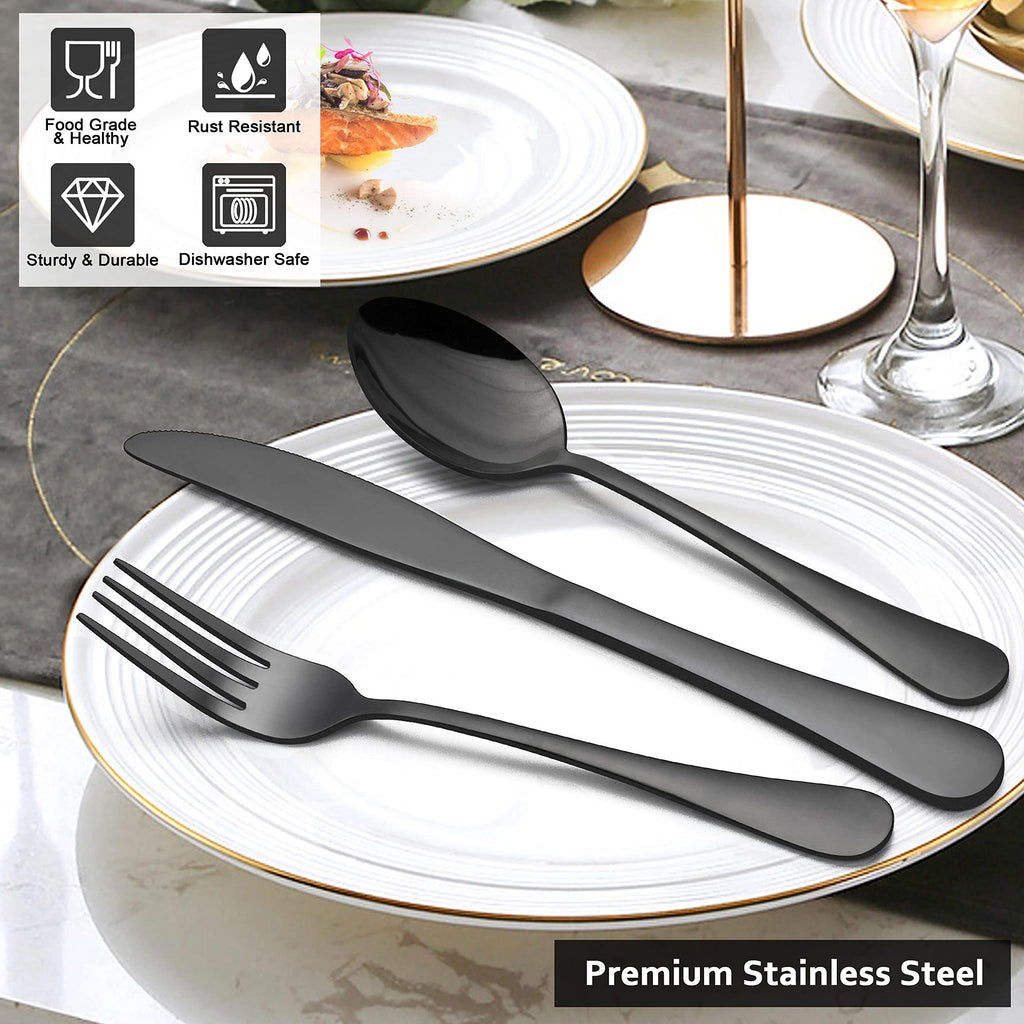 48-Piece Black Silverware Set with Steak Knives, Stainless Steel Flatware for 8, Mirror Finish, Dishwasher Safe