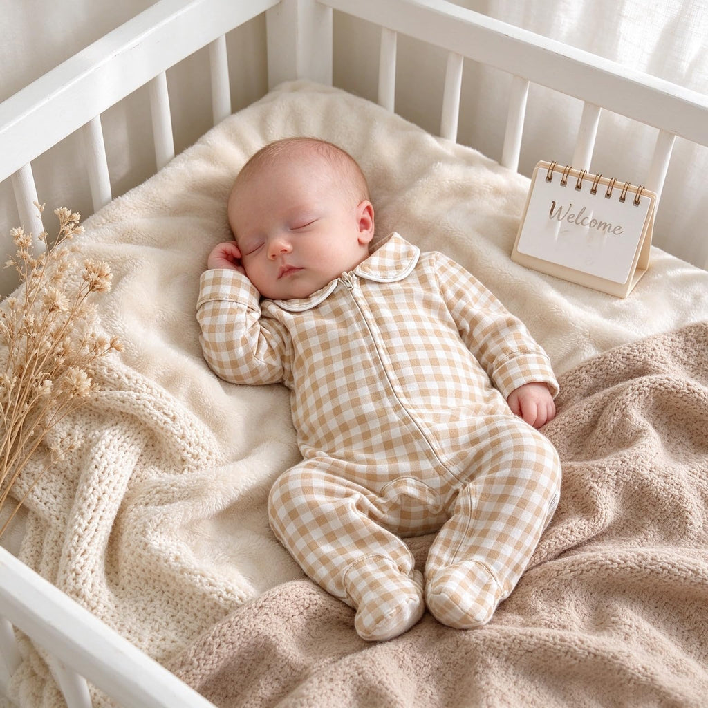 Newborn Baby Boy Girl Gingham Footed Romper Plaid Print Peter Pan Collar Long Sleeve Jumpsuit Coming Home Outfit