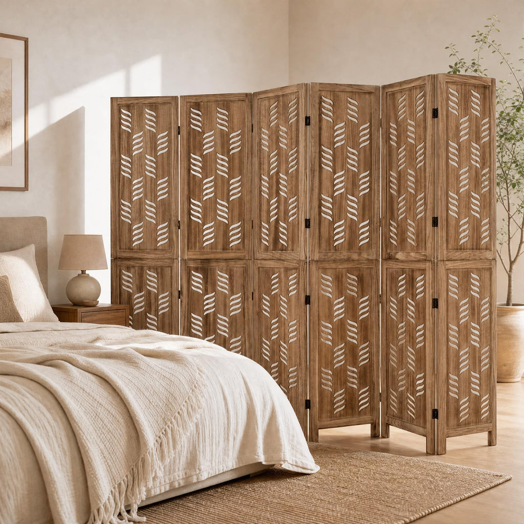6 Panel Folding Room Divider, Wood Privacy Screen with Wave Cutout