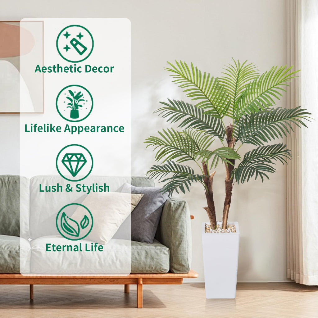 Artificial Palm Tree 5FT, Fake Tree with Realistic Fiber Trunks and White Tall Planter, Faux Tropical Areca Floor