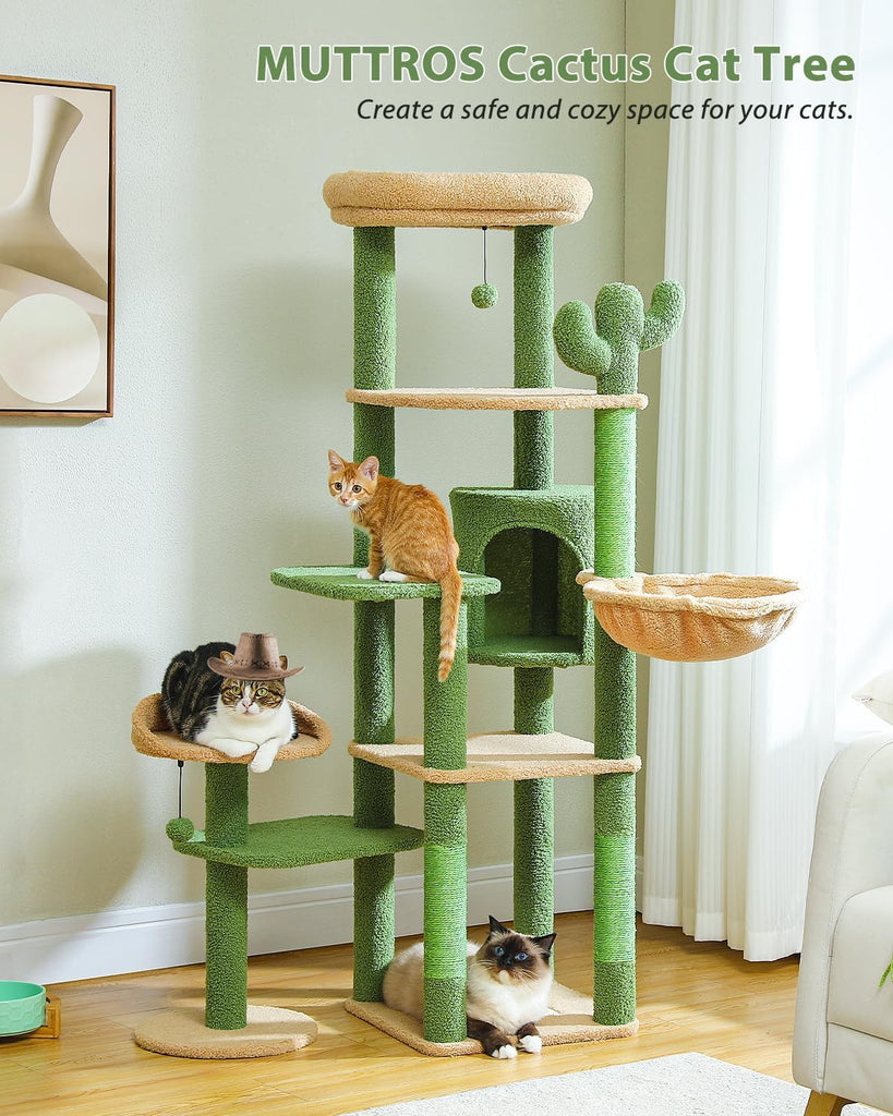 59" Cactus Cat Tree, Large Cat Tree for Indoor Cats, Cat Tower for Large Cats, Multi-Level Tower, Condo with Hammock