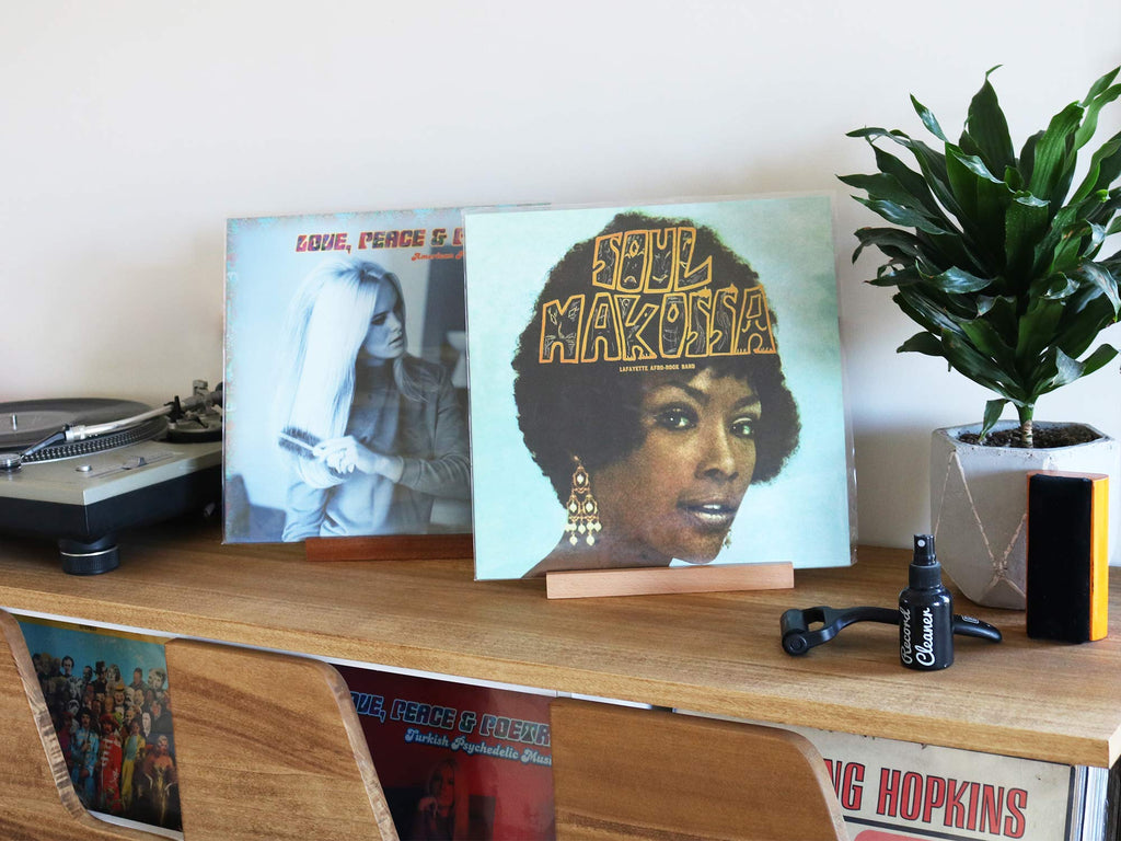 Wooden Vinyl Record Holder Stand, Now Playing Display, Sapele